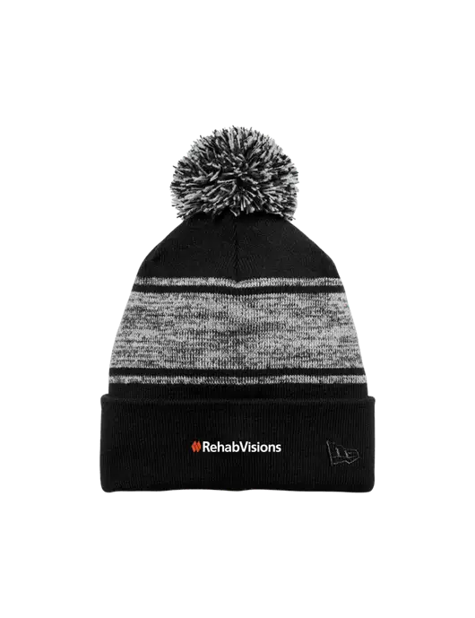 New Era Black/Charcoal Knit Chilled Pom Beanie w/RehabVisions Logo