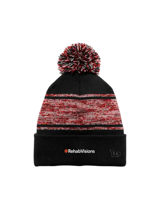 New Era Black/Red Knit Chilled Pom Beanie w/RehabVisions Logo