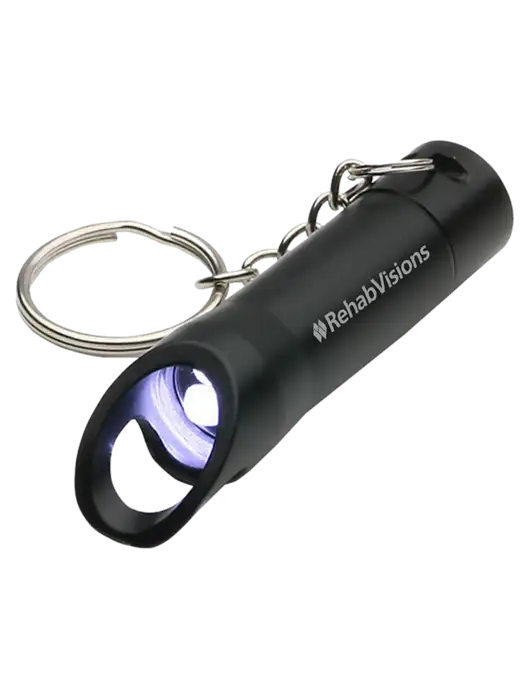 Black Pocket LED Flashlight with Bottle Opener & Keychain w/RehabVisions Logo