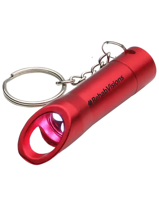 Red Pocket LED Flashlight with Bottle Opener & Keychain w/RehabVisions Logo