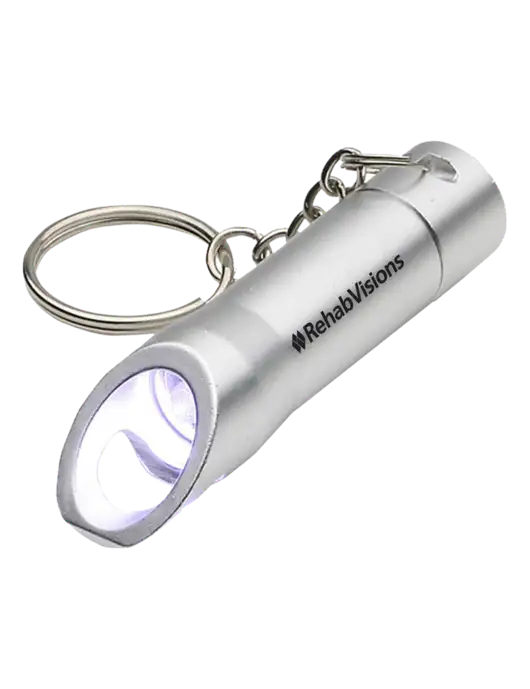 Silver Pocket LED Flashlight with Bottle Opener & Keychain w/RehabVisions Logo