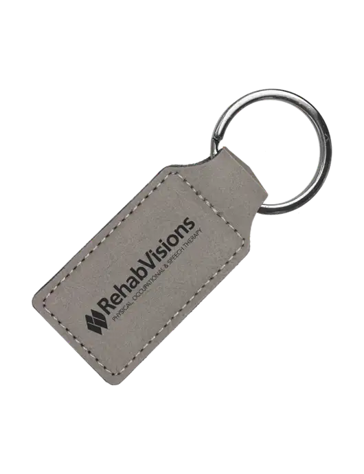 Grey Laserable Leatherette Rectangle Keychain w/RehabVisions Logo