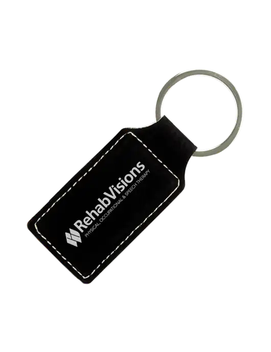 Black Laserable Leatherette Rectangle Keychain w/RehabVisions Logo