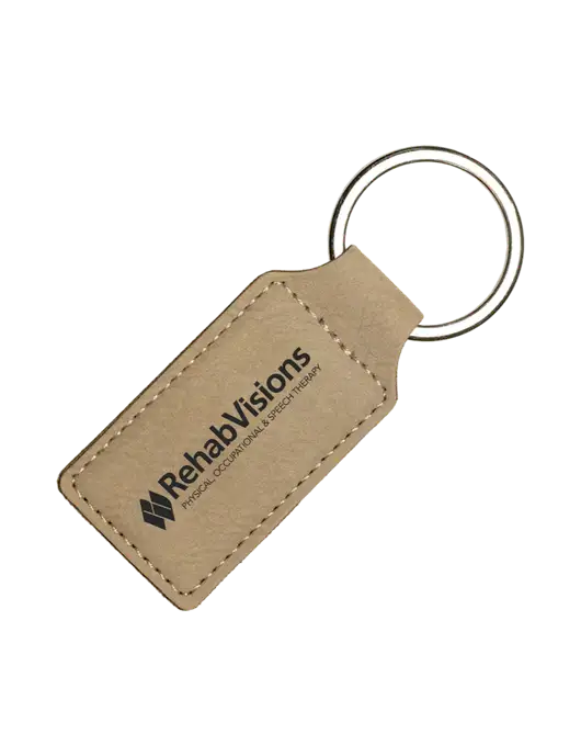 Tan Laserable Leatherette Rectangle Keychain w/RehabVisions Logo