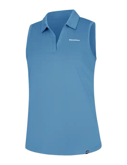 TravisMathew Womens Light Blue Heather Coto Performance Sleeveless Polo w/RehabVisions Logo