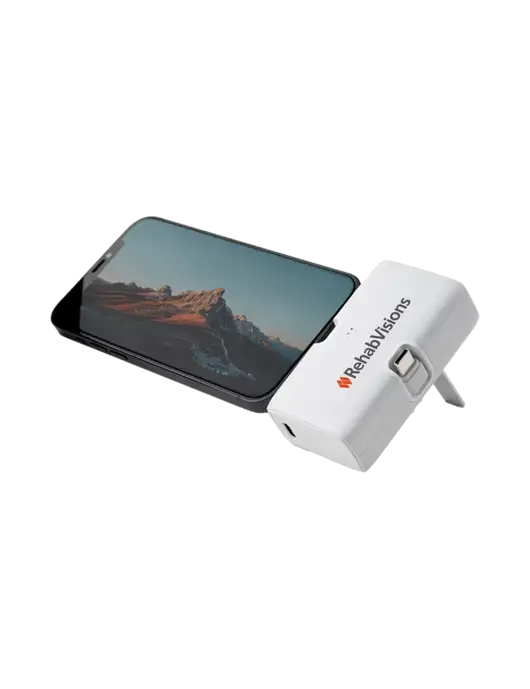 White Phone Power Bank Stand 4,500 mAh Dual Ports Type C & Lightning w/RehabVisions Logo