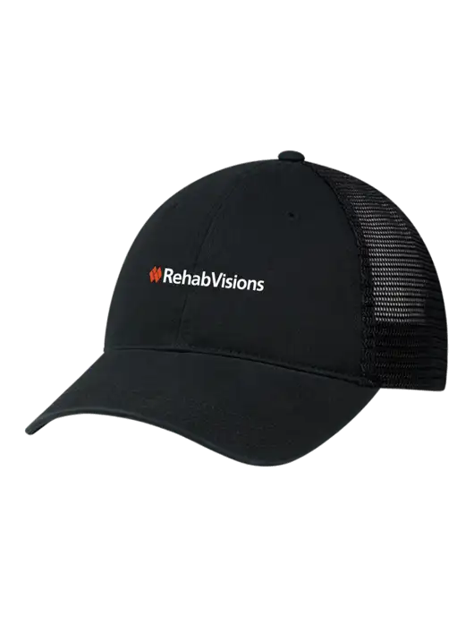 Richardson 111 Garment Washed Trucker Cap Black w/Black Mesh w/RehabVisions Logo
