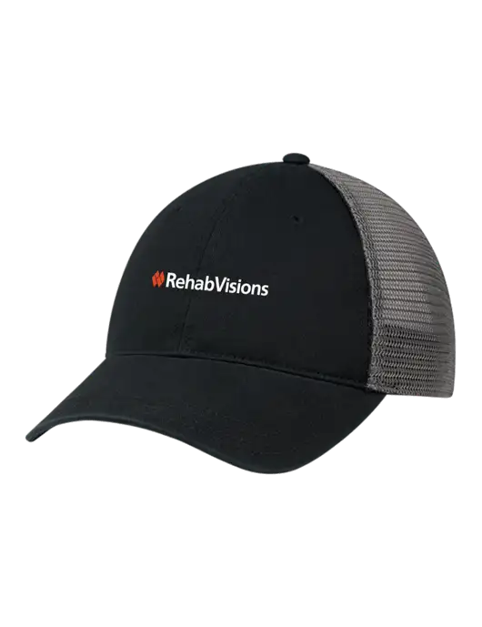 Richardson 111 Garment Washed Trucker Cap Black w/Charcoal Mesh w/RehabVisions Logo