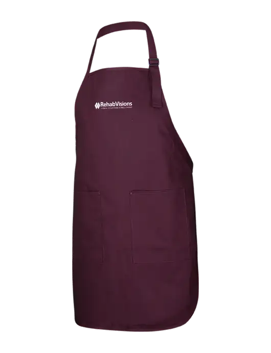 Full-Length Maroon Apron With Pockets w/RehabVisions Logo