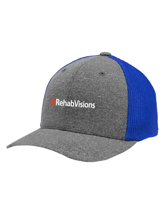 Flexfit Royal/Medium Grey Heather Melange Mesh Back Trucker Cap w/RehabVisions Logo