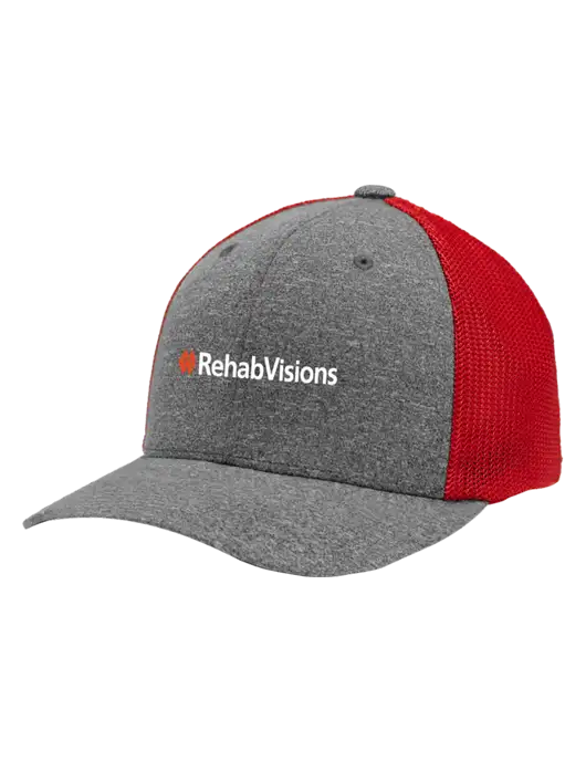 Flexfit Red/Medium Grey Heather Melange Mesh Back Trucker Cap w/RehabVisions Logo