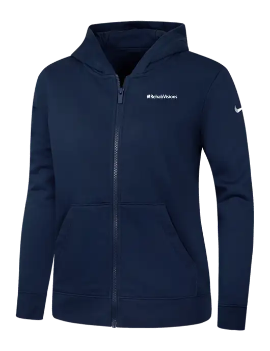 Nike Womens Club Fleece Sleeve Swoosh Full-Zip Dark Navy Hoodie w/RehabVisions Logo