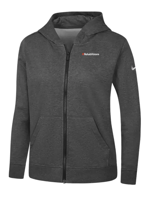 Nike Womens Club Fleece Sleeve Swoosh Full-Zip Charcoal Heather Hoodie w/RehabVisions Logo