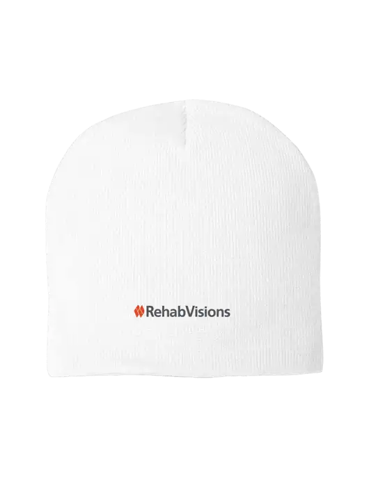 Solid White Element Knit Beanie w/RehabVisions Logo
