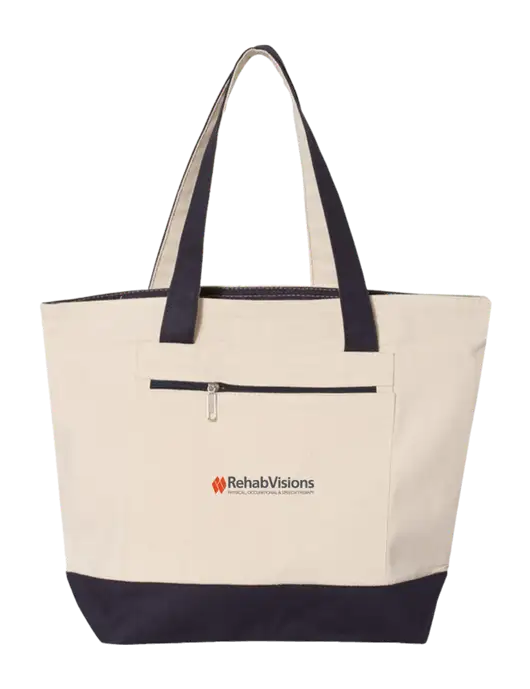 Natural/Navy Zippered Tote  w/RehabVisions Logo
