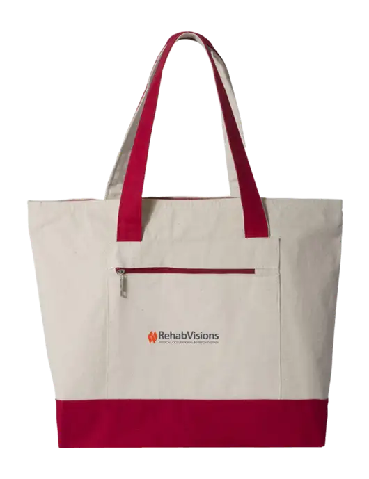 Natural/Red Zippered Tote  w/RehabVisions Logo