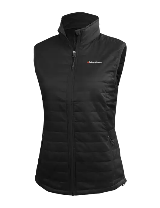 Womens Packable Black Puffy Vest w/RehabVisions Logo