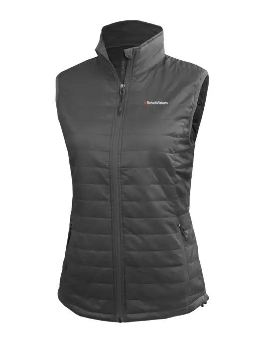 Womens Packable Dark Grey Puffy Vest w/RehabVisions Logo