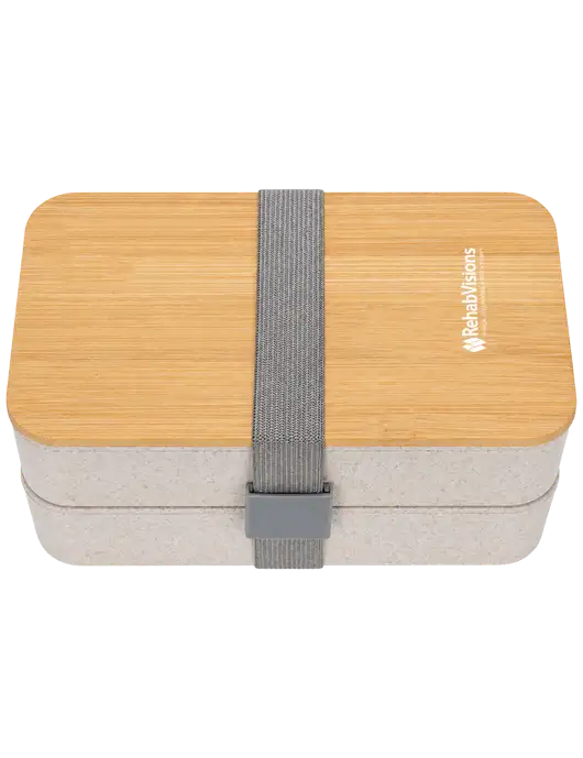 Double Decker Natural Ivory Lunch Box w/Eco-Friendly FSC Bamboo Lid & Reusable Utensils w/RehabVisions Logo