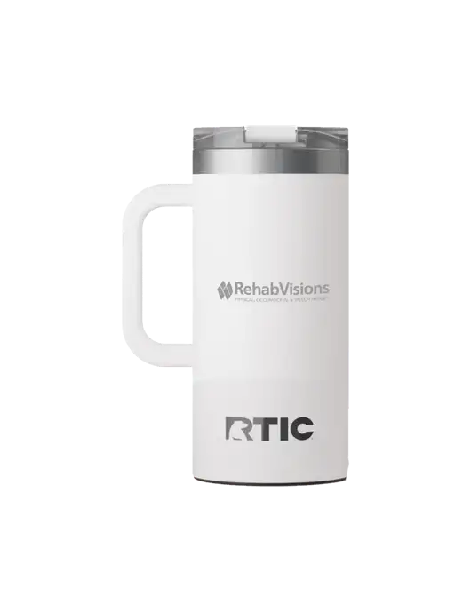 RTIC Road Trip 16 oz White Travel Mug w/RehabVisions Logo
