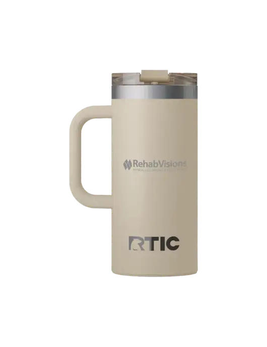 RTIC Road Trip 16 oz Tan Travel Mug w/RehabVisions Logo