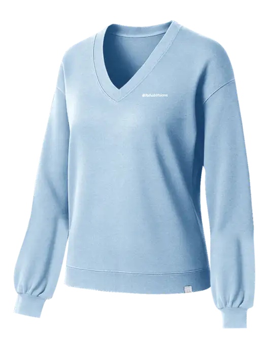 TravisMathew Womens Long Weekend Light Blue Heather V-Neck
 w/RehabVisions Logo
