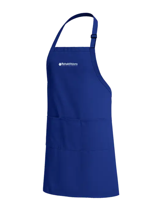 Easy Care Extra Long Bib Dark Royal Apron with Stain Release w/RehabVisions Logo
