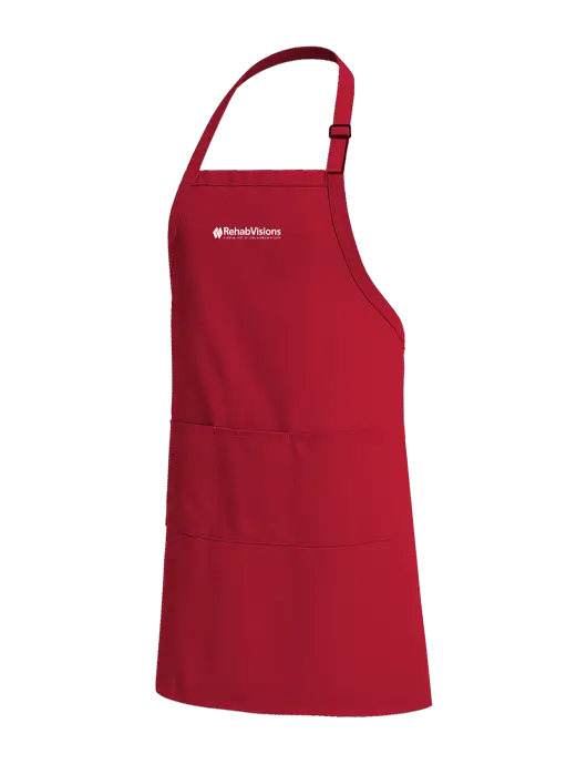 Easy Care Extra Long Bib Red Apron with Stain Release w/RehabVisions Logo