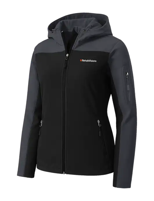 Womens Hooded Core Dark Grey/Black Soft Shell Jacket w/RehabVisions Logo
