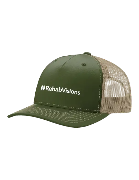 Richardson Five-Panel Trucker Medium Dark Olive/Tan Mesh Cap  w/RehabVisions Logo