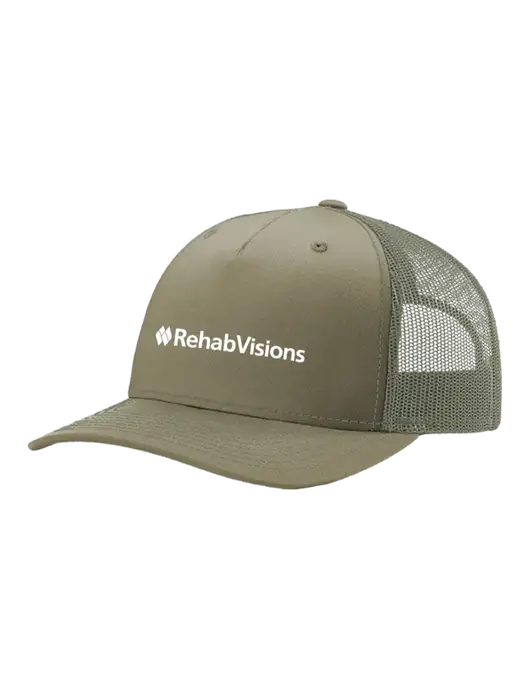 Richardson Five-Panel Trucker Olive Khaki/Light Olive Mesh Cap  w/RehabVisions Logo