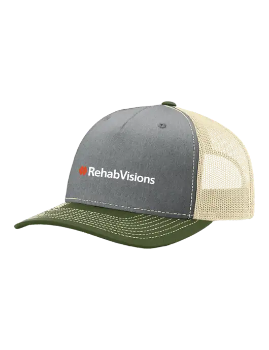Richardson Five-Panel Trucker Olive/ Light Grey Heather w/Tan Mesh Cap  w/RehabVisions Logo
