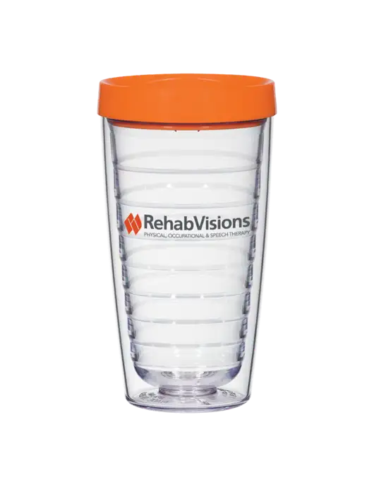16 oz Trivex Double Wall Tumbler with Orange Travel Lid w/RehabVisions Logo