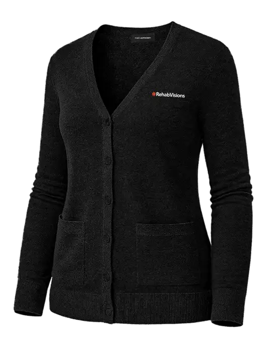 Womens Black Washable V-neck Cardigan Sweater w/RehabVisions Logo