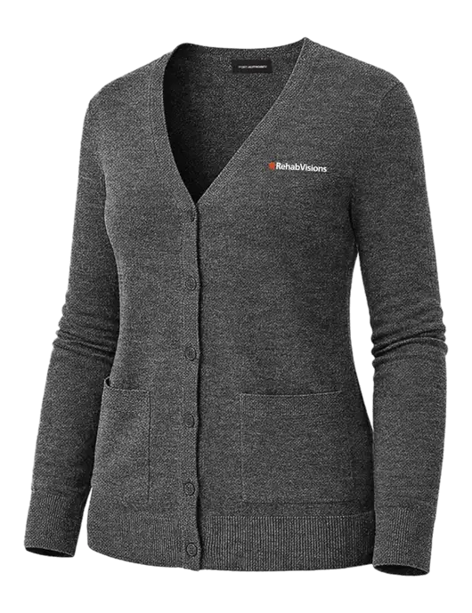 Womens Charcoal Heather Washable V-neck Cardigan Sweater w/RehabVisions Logo