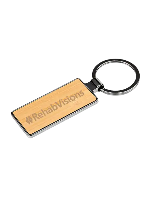 Wood and Silver Rectangle Keychain w/RehabVisions Logo